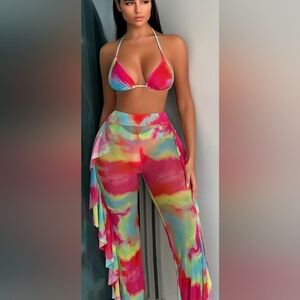 3 Piece Colorful Swimsuit TieDye Vacation Beach Halter Bikini Set Cover Up Pants